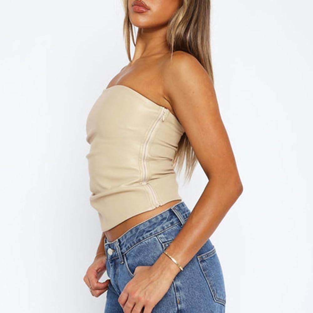 YCVAZXSZ Women's PU Leather Tube Tops Trendy Ruched Zipper